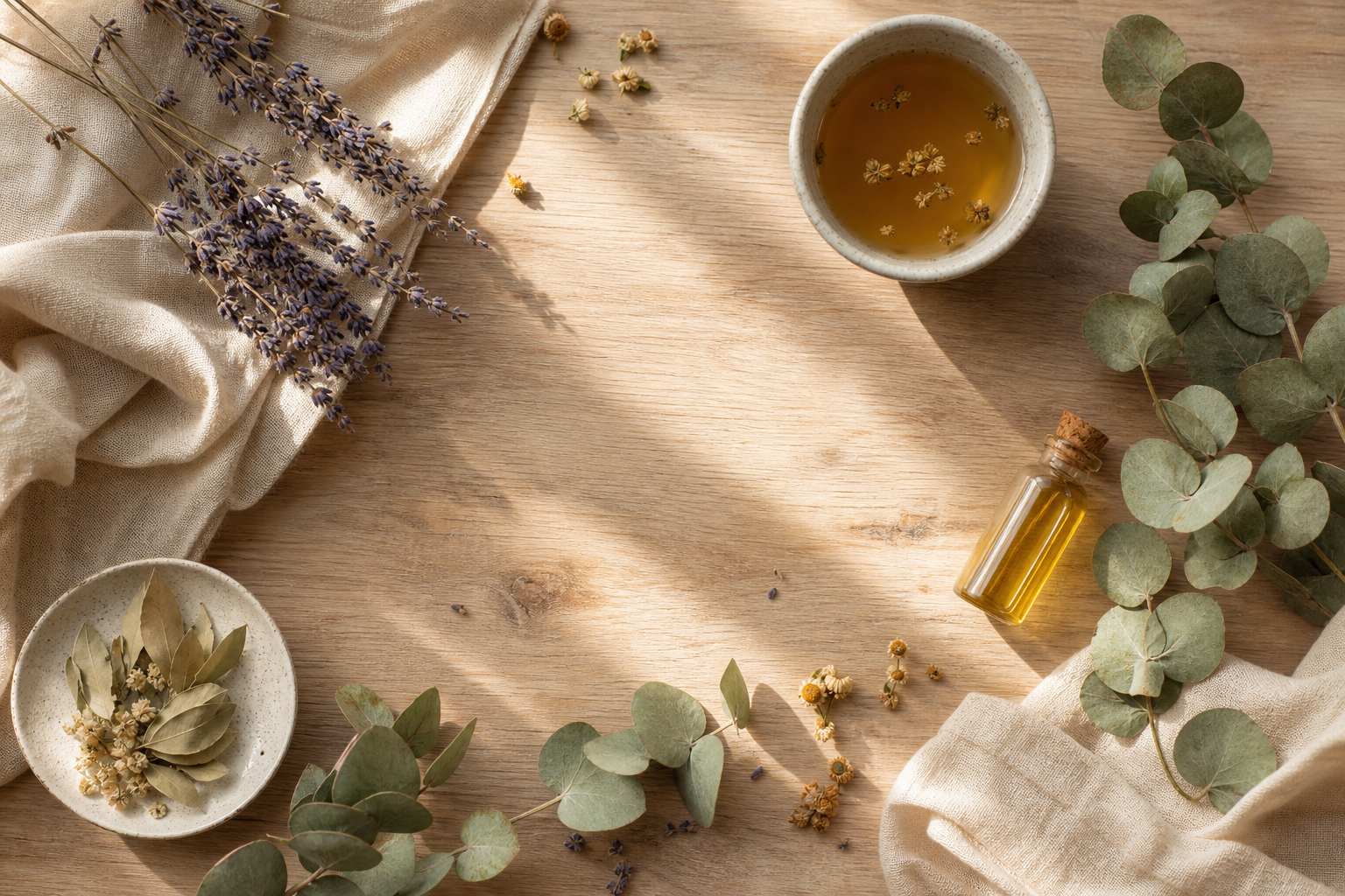 Botanical wellness flat lay with herbal tea, lavender, and eucalyptus